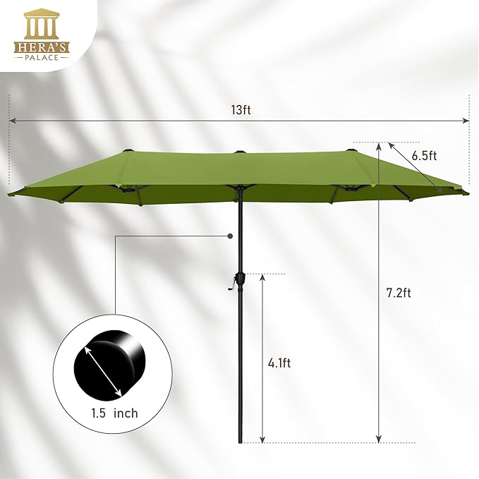HERA'S PALACE 13 ft Patio Umbrella Double-Sided Outdoor Market Umbrella Rectangular Large with Crank for Patio Shade Outside Deck or Pool, Lime