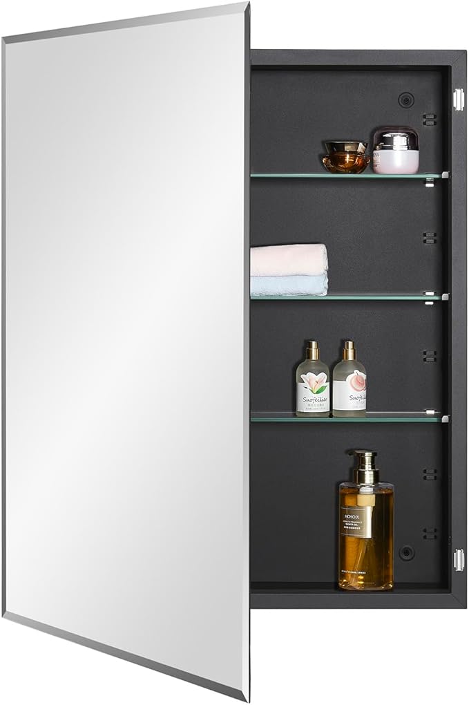 Black Bathroom Medicine Cabinet with Beveled Edge Mirrored Door 24 x 30 inch, Recessed or Surface Mount, with Adjustable Glass Shelves