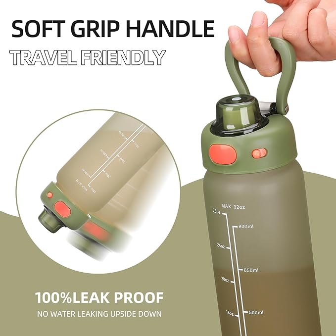 SIEROZUR 32 oz Glass Water Bottle with Straw and Handle Large Sports Motivational Water Bottle with Locking Lid and Time Marker Leakproof Water Jug for Daily Hydration Intake BPA Free