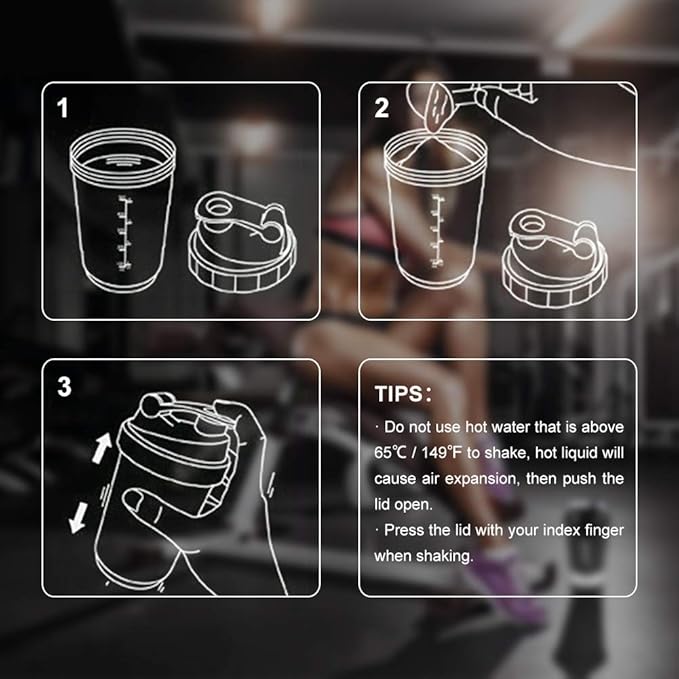 Protein Shaker Bottle - Sports Water Bottle - Non Slip 3 Layer Twist Off 3oz Cups with Pill Tray - Leak Proof Shake Bottle Mixer- Protein Powder 16 oz Shake Cup with Storage