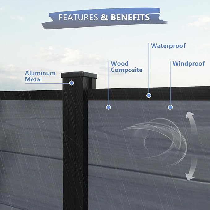 6 Feet×6 Feet Privacy Fence, Outdoor Wood Plastic Composite Fence Panel, Waterproof Security Barriers Fencing (Gray with One 7.6FT Post)