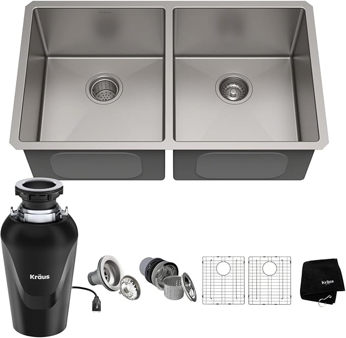 KRAUS Standart PRO™ 33-inch 16 Gauge Undermount 50/50 Double Bowl Stainless Steel Kitchen Sink with WasteGuard™ Continuous Feed Garbage Disposal, KHU102-33-100-75MB