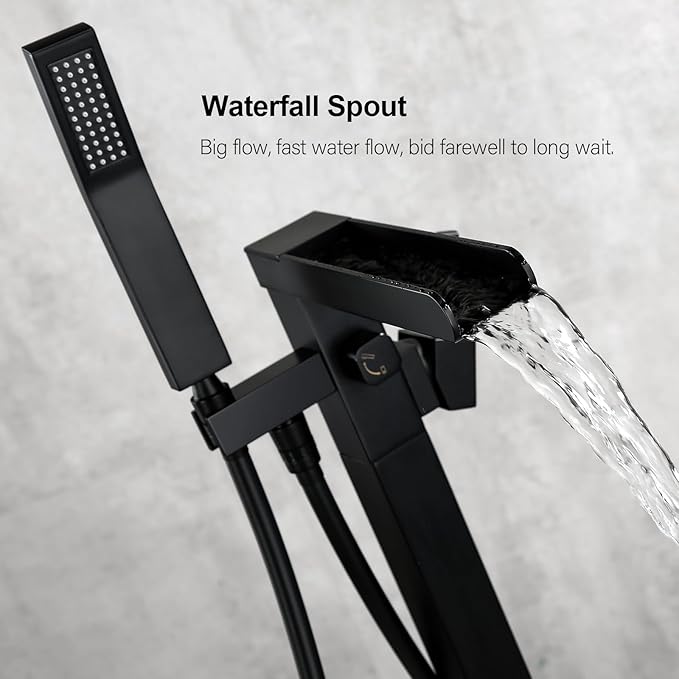 BAGNOLUX Solid Brass Floor Mount Bathtub Faucet Free Standing Tub Faucet Freestanding Tub Filler Black with Hand Shower High Flow Rate Swivel Spout Set, YGSLT-Waterfall Black