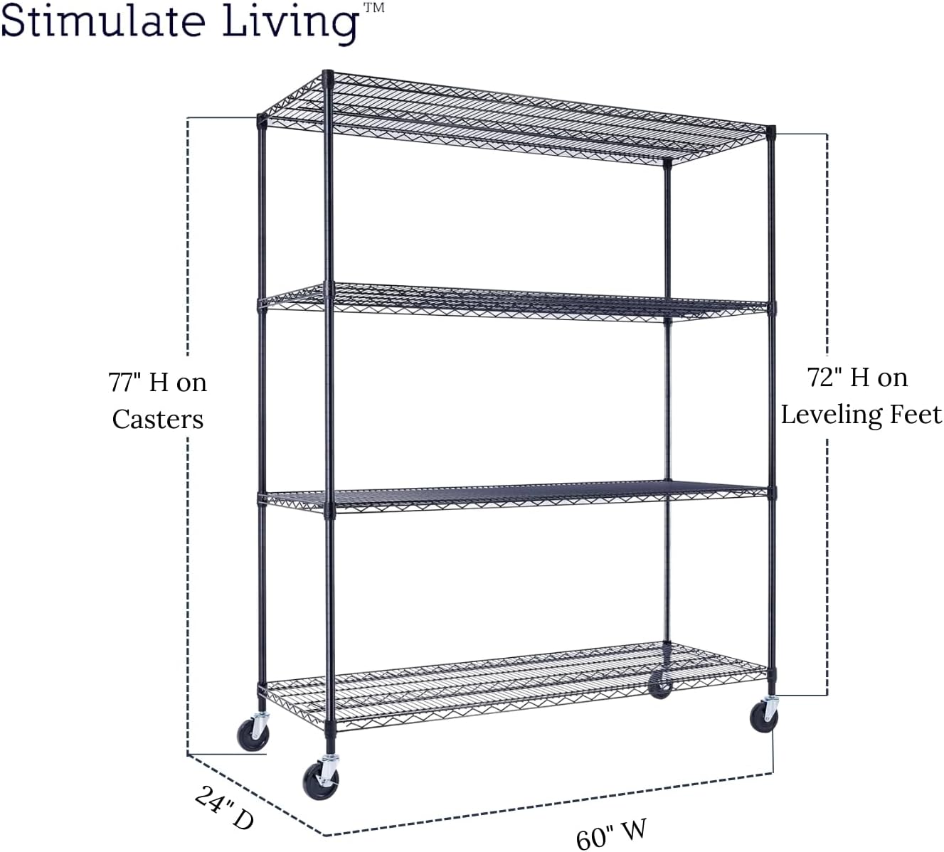 60"x24"x72" PRIME HEAVY DUTY Black 4-Tier Wire Shelving NSF 2400 LBS MAX Capacity Storage Rack for Commercial, School, Home, Garage, Warehouse, Industrial, and Hospital Uses (with Wheels)