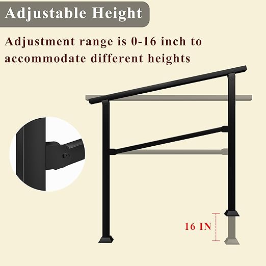 Hand Rails for Outdoor Steps, 40" x 36" Fits 2-3 Steps Stair Handrail, Black Metal Railings for Indoor Steps, Porch Railing, Deck Railing, Easy Install Stair Handrail(1 Pack) ﻿