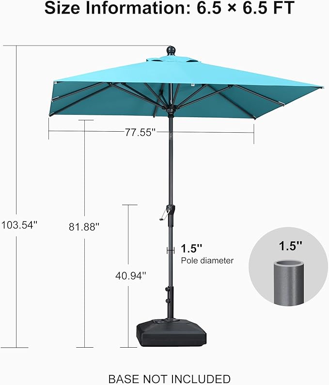 PURPLE LEAF 6.5' x 6.5' Square Patio Umbrella Outdoor Table Umbrella Aluminum Frame Market Umbrella Sun Umbrella with 8 Sturdy Ribs Tilt for Garden Deck Lawn Pool Light Turquoise Blue
