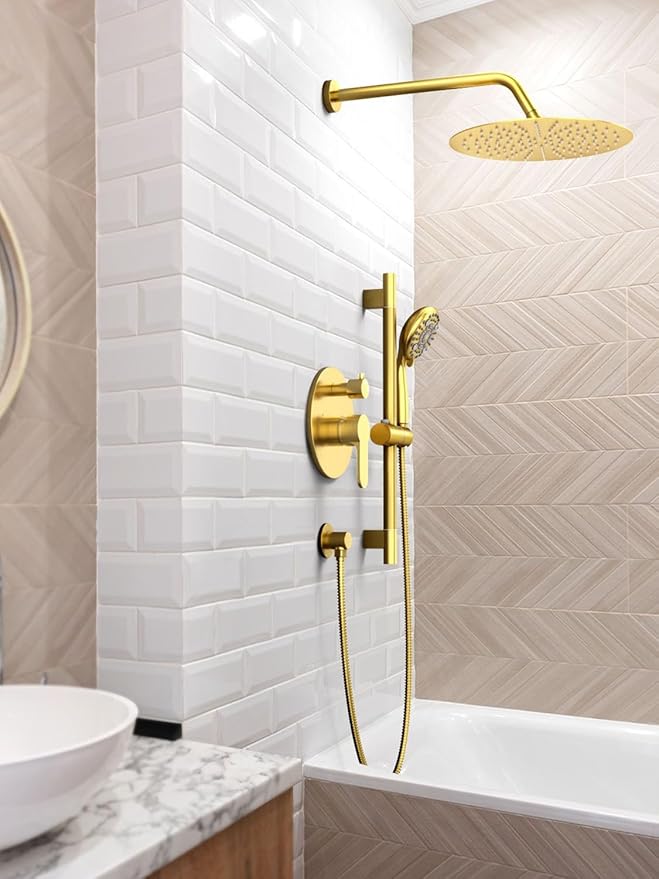 SR SUN RISE 12 Inch Brushed Gold Shower System, Wall-Mount Adjustable 16-Inch Slide Bar with 6-Function Hand Shower Faucet Included Valve and Trim Kit