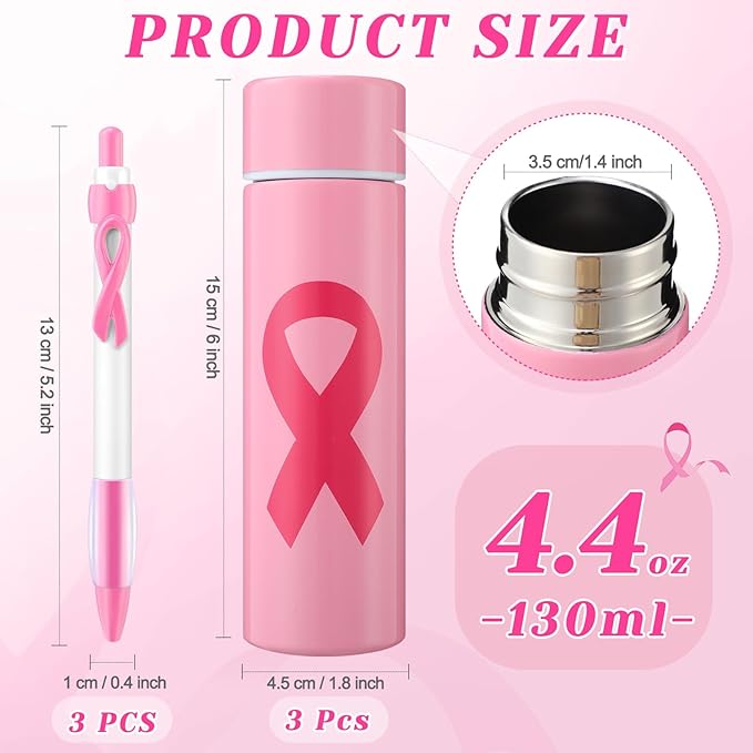 6 Pcs Breast Cancer Awareness Gifts Mini Thermal Stainless Steel Water Bottle With Pink Ribbon Pens 4.4 Oz Pink Ribbon Water Bottle Woman Inspirational Gift for Survivor (Pink)
