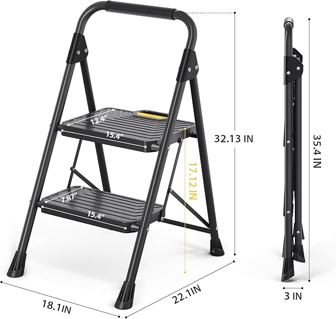 KINGRACK 2 Step Ladder, Sturdy Steel Step Stool with Anti-Slip Wide Pedals, Handrail, Safe-Lock Design, Pass 800lbs Load Testing, Folding Portable Ladder for Multi-Purpose, Home, Kitchen, Black