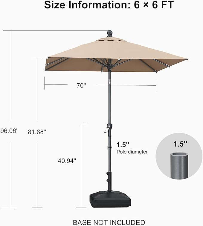 PURPLE LEAF 6' x 6' Square Patio Umbrella Outdoor Table Umbrella Aluminum Frame Market Umbrella Sun Umbrella with 8 Sturdy Ribs Tilt for Garden Deck Lawn Pool Taupe