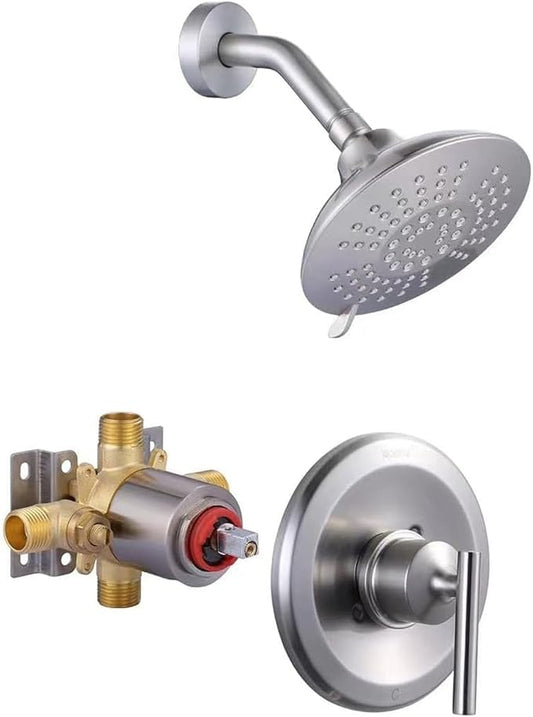 Shower Faucet Set Brushed Nickel: WOWOW Bathroom Shower System with 6-Inch Rain Shower Head, Single Handle Shower Trim Kit Combo Set High Pressure (Valve Include）