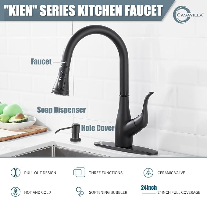 Black Kitchen Faucet with Soap Dispenser, Faucet for Kitchen Sink, Single Handle Stainless Steel Kitchen Sink Faucets with Pull Down Sprayer and Deck Plate, RV Sink Faucet