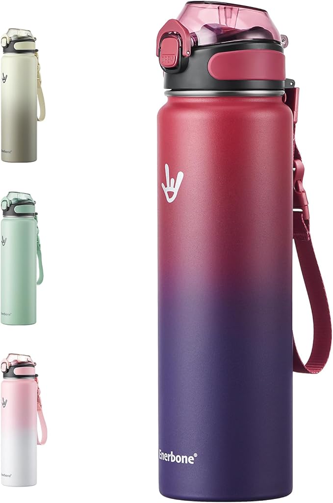 Enerbone Insulated Water Bottle, 32 oz Stainless Steel Water Bottles with Carrying Strap, Double-Wall Vacuum Insulation Thermos, Leakproof Sports Bottle with Straw, Keep Drinks Hot or Cold for Hours