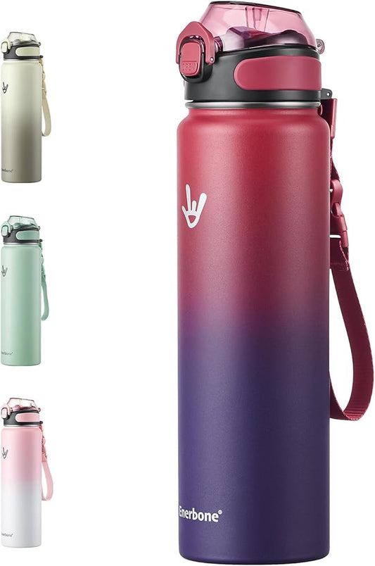 Enerbone Insulated Water Bottle, 32 oz Stainless Steel Water Bottles with Carrying Strap, Double-Wall Vacuum Insulation Thermos, Leakproof Sports Bottle with Straw, Keep Drinks Hot or Cold for Hours