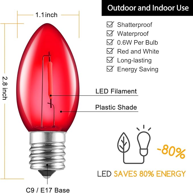 Brightown 25 Pack C9 LED Christmas Light Bulbs, Red and Pure White Plastic C9 Shatterproof LED Bulbs Replacement for Christmas String Lights, E17 Intermediate Base