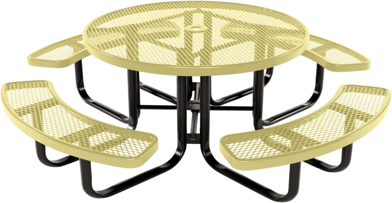 Heavy-Duty Portable Outdoor Kids Table with Umbrella Hole, Expanded Metal Kids Picnic Table, Commercial-Grade, Made in America (46 in, Round, Childrens, Textured Sandstone)