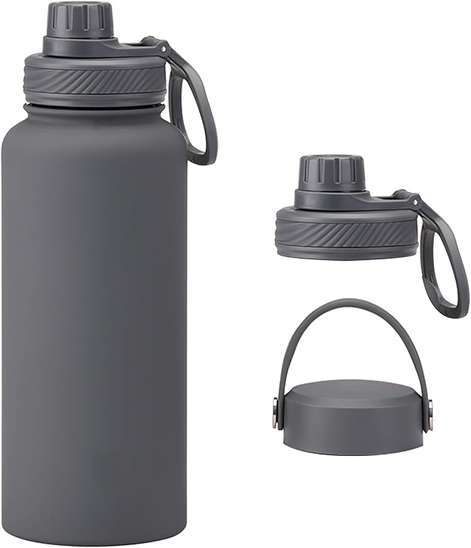 Grey 32 OZ Insulated Water Bottle, Dark Gray Large Metal Insulated Stainless Steel Water Flask, Big Sports Travel Water Bottle with 2 Lids, Insulated Thermos Thermal Mug Cup