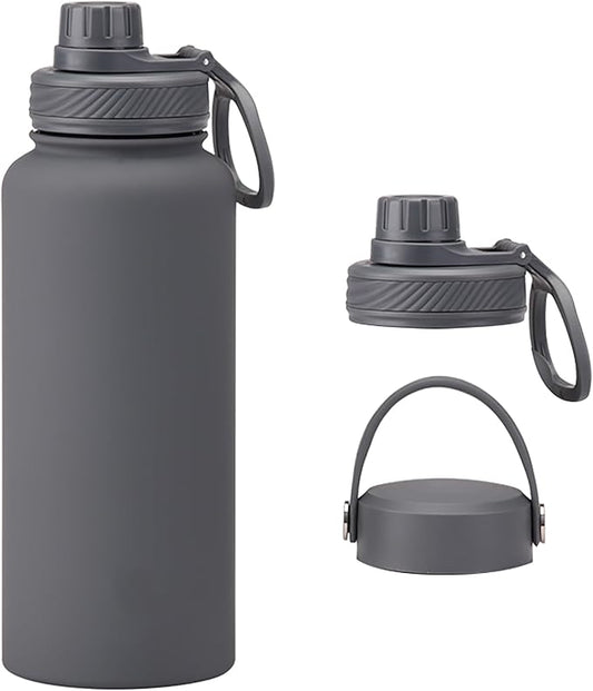 Grey 32 OZ Insulated Water Bottle, Dark Gray Large Metal Insulated Stainless Steel Water Flask, Big Sports Travel Water Bottle with 2 Lids, Insulated Thermos Thermal Mug Cup