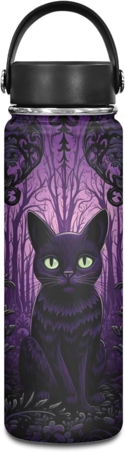 Cat 18 Ounce Water Bottle for Girls Insulated Water Bottles Wide Mouth Stainless Water Bottles Vacuum Reusable Water Bottle Black Cat Cute Kitten Thermal Bottle Purple Black