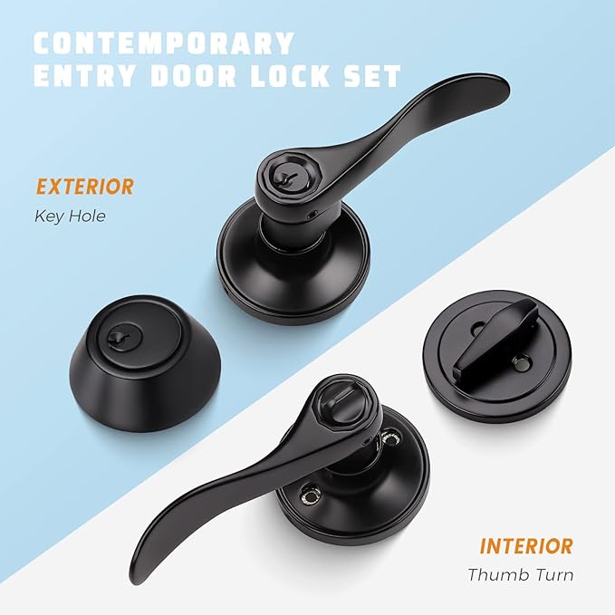 KNOBWELL 5 Pack Keyed Alike Entrance Door Lever Door Handle Exterior Door Lock Set with Deadbolt Reversible for Right and Left Side and A Single Cylinder Deadbolt Set