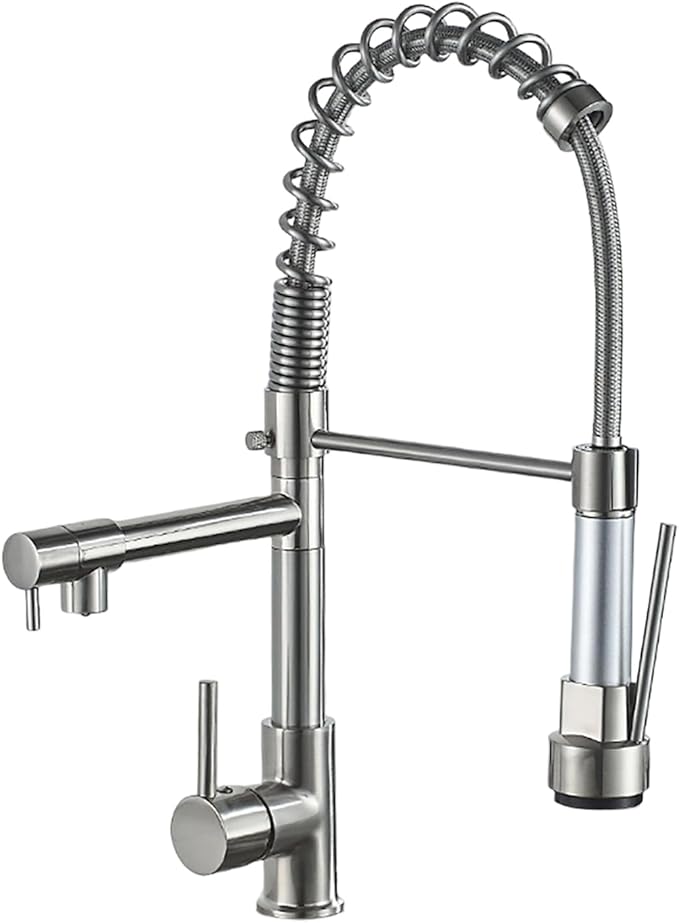 Commercial Kitchen Faucet with Pull Down Sprayer, Brushed Nickel Kitchen Sink Faucet with Pot Filler,Dual Spout Spring Stainless Steel Kitchen Faucets Pull-Out Kitchen Faucet for RV, Farmhouse, Camper