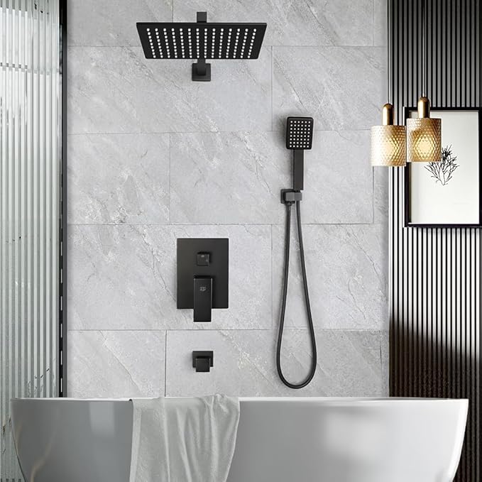 POP SANITARYWARE Matte Black Shower Tub Faucet Set Bathroom Rain Shower System with Tub Spout Wall Mounted Rainfall 12 Inch Shower Head and Handle Set Include Shower Valve and Trim Kit