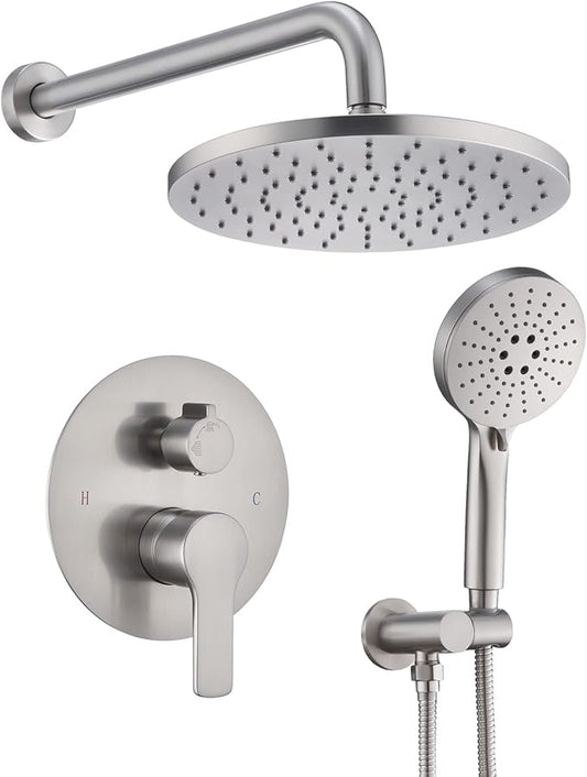 Iriber Shower System Wall Mounted Shower Faucet Mixer Set with Luxury High Pressure Shower head and 3-Setting Handheld, Bathroom Shower Trim Kit Contain Pressure Balance Valve, Brushed Nickel