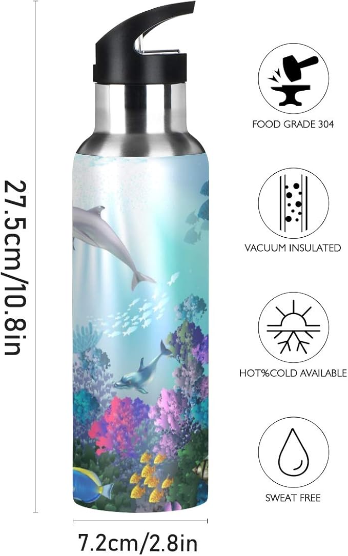 Underwater World Of Dolphins Sports Water Bottle, 22 Oz BPA Free Non-Toxic Stainless Steel Water Bottle with Straw for Gym Yoga Fitness Camping