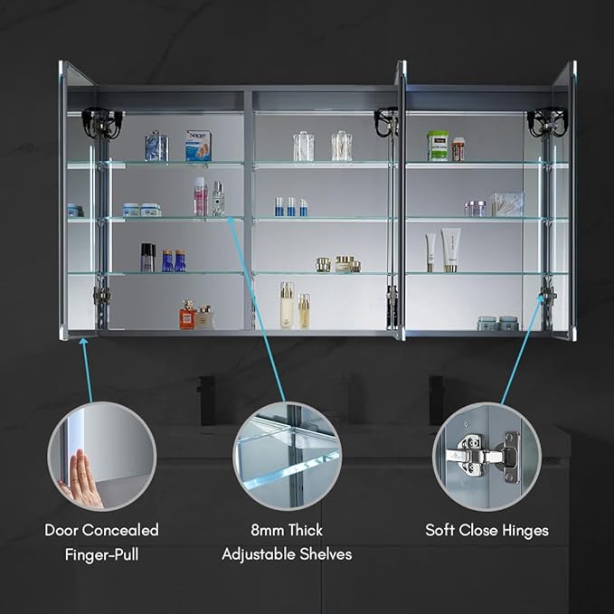 Blossom LED Mirror Medicine Cabinet with Lights, 60x32 Inch | Wall Mounted LED Lighted Bathroom Medicine Cabinet | Recessed or Surface with Defogger, 3 Color Dimmer | Makeup Mirror with Lights