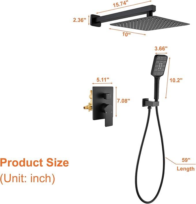 Shower Faucet Set Matte Black Shower System with 10 Inches Stainless Steel Rainfall Shower Head Pressure Balance Rough-in Valve Trim Kit Shower Fixture Combo Set,6012B