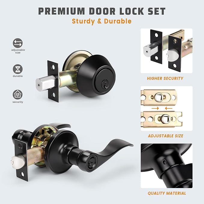 KNOBWELL 5 Pack Keyed Alike Entrance Door Lever Door Handle Exterior Door Lock Set with Deadbolt Reversible for Right and Left Side and A Single Cylinder Deadbolt Set