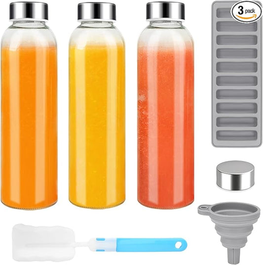 Glass Juice Bottles with Lids for Juicing 18 oz, Reusable Clear Glass Water Bottles with Stainless Steel Airtight Cap for Refrigerator, 100% Leak Proof, BPA Free, Set of 3