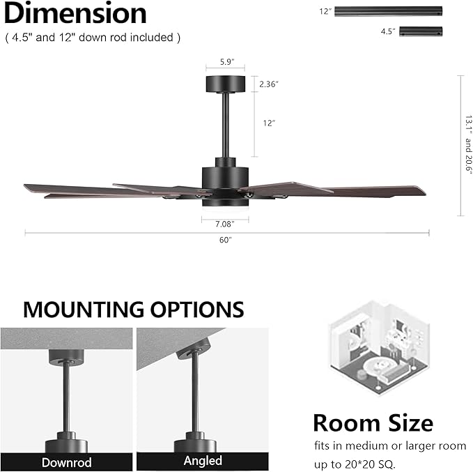 60" Ceiling Fan with Lights and Remote Control, Wood 8 Blades 6-Speed Noiseless Reversible DC Motor, 2 Downrods, Modern Ceiling fan for Office Porch Bedroom Dining Living Room, Black+Walnut