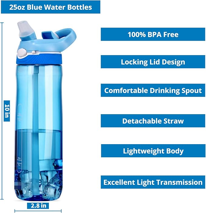 Water bottles with Locking Lid,Travel water bottle,Water bottle with straw,and Sports water bottle with Clip handle- Tritan water bottle(Blue)