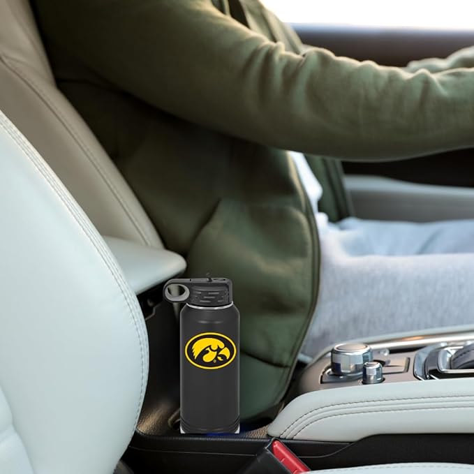 Game Day Outfitters University of Iowa 32oz Stainless Steel Double Walled Black Beverage Bottle with Flip Straw Spout - College Gear for Playoff Season – Show your Hawkeye Pride