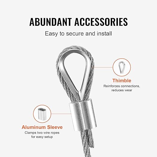 VEVOR 1/8 Stainless Steel Cable, 1/8 Wire Rope, 100 FT 316 Cable Wire 20 Sleeves & 10 Thimbles, 1600 lbs Breaking Strength, 7x7 Strands Marine Aircraft Grade for Handrail Stair Decking Fence Outdoors