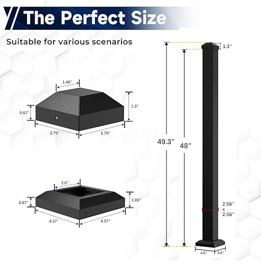 2.56 in. x 2.56 in. x 48.5 in. Porch and Deck Railing Post with Screws&Drill, Aluminum Railing Post, Black Textured Outdoor Powder-Coat Finish Stair Post for Decks, Porches & Balconies (1 Post)