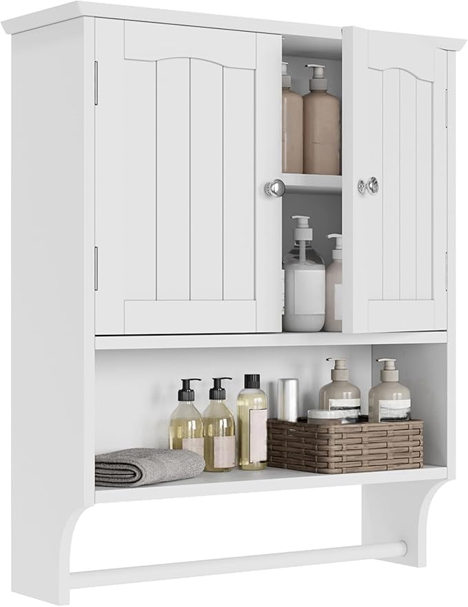 Smuxee White Bathroom Cabinet Wall Mounted with Towels Bar, Bathroom Medicine Cabinet with 2 Door Adjustable Shelves, Over Toilet Cabinet for Bathroom Laundry Room Kitchen