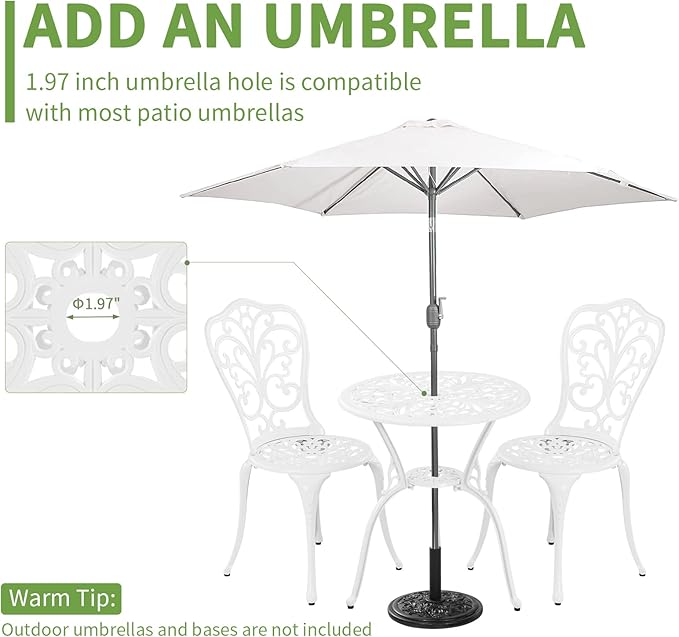 3 Piece Patio Set Outdoor Cast Aluminum Patio Bistro Table and Chairs Set of 2,All Weather Outdoor Bistro Sets with 1.97" Umbrella Hole for Front Porch Set,Garden(White)