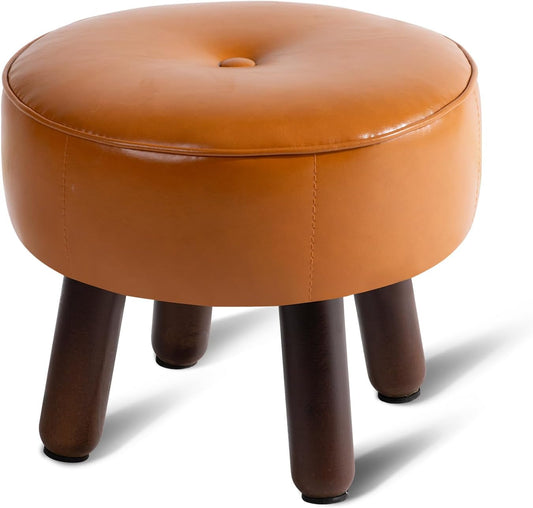 Small Foot Stool Ottoman, Round Pouf Foot Rest, Footstool Ottomans with Rubber Legs Under Desk, Faux Leather Footrest for Couch, Living Room, Bedroom, Hallway, Office, 13''L x 13''W x 10.2''H