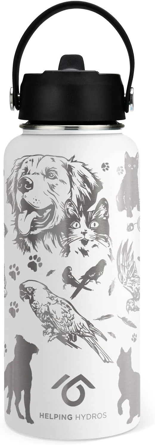 Animal Rescue Water Bottle with Straw Lid | 32 oz Engraved Stainless Steel Insulated with Strap | Best Friends, Pets, and Animals Themed