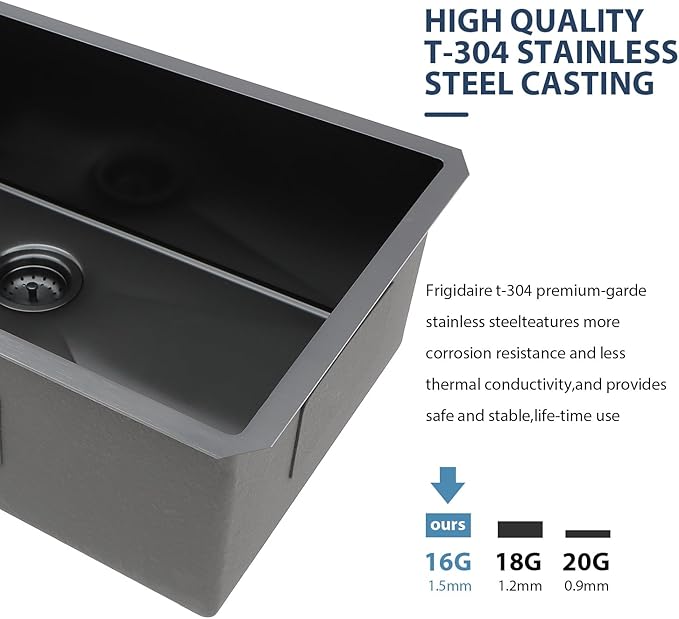 Lordear 32 Black Kitchen Sink Undermount 32" x 19" x 10" Gunmetal Black 16 Gauge Stainless Steel Single Under Counter Rectangular Handmade Sinks Basin