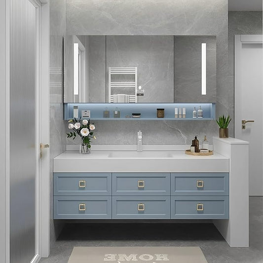 48IN Floating Bathroom Vanity - Bathroom Vanity with Sink with 6 Drawers & Multifunctional LED Mirror Cabinet | Textured Metal Handles & Large Storage Capacity & Waterproof Design, Blue