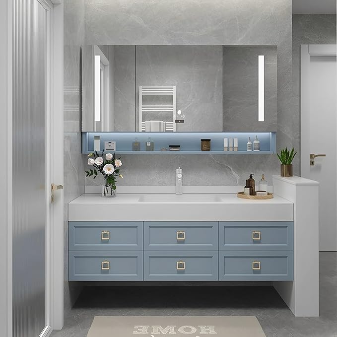 40IN Floating Bathroom Vanity - Bathroom Vanity with Sink with 6 Drawers & Multifunctional LED Mirror Cabinet | Textured Metal Handles & Large Storage Capacity & Waterproof Design, Blue