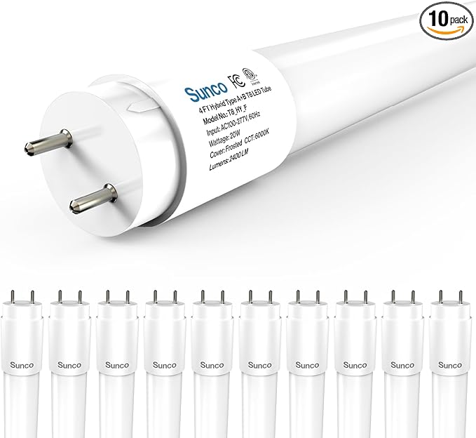 Sunco 10 Pack T8 LED Bulbs 4 Foot, 48 Inch Tube Light Bulbs Fluorescent Replacement, Single or Double Ended Hybrid Type A+B, 2400 LM, 20W, 6000K Daylight Deluxe, Frosted Lens ETL