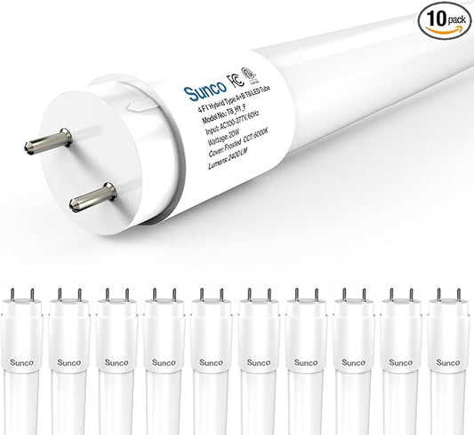 Sunco 10 Pack T8 LED Bulbs 4 Foot, 48 Inch Tube Light Bulbs Fluorescent Replacement, Single or Double Ended Hybrid Type A+B, 2400 LM, 20W, 6000K Daylight Deluxe, Frosted Lens ETL