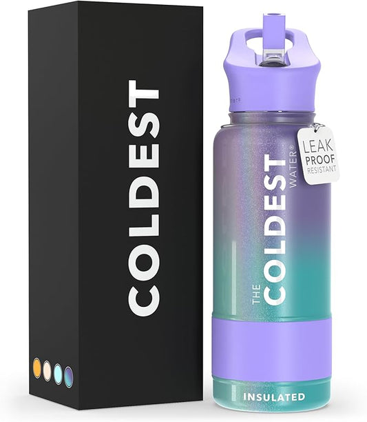 Coldest Sports Water Bottle with Straw Lid Vacuum Insulated Stainless Steel Metal Thermos Bottles Reusable Leak Proof Flask for Sports Gym (32 oz, Interstellar Glitter)