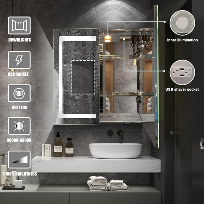 Stainless Steel LED Medicine Cabinet,Bathroom Mirror Cabinet with Light,3 Color,Dimmable,Equipped with Defogger,USB Shavor Socket,Internal Light,24×28 Inch