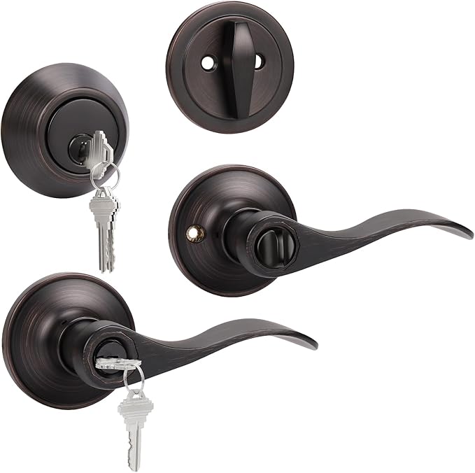 KNOBWELL 1 Pack Keyed Alike Entrance Door Lever Handle Exterior Door Lock Set with Single Cylinder Deadbolt, Front Handle Lever with Deadbolt, Reversible for Right and Left Handing Doors