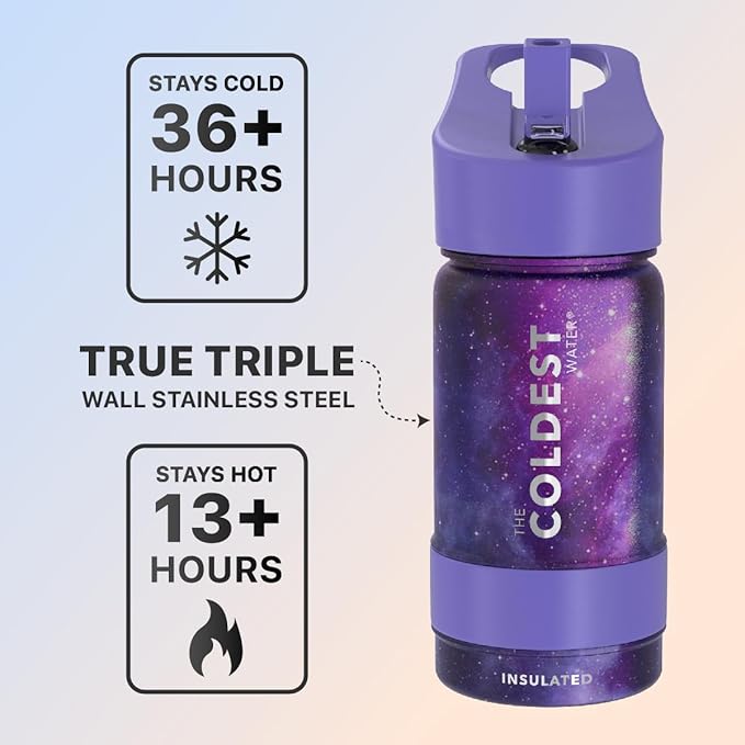 Coldest Sports Water Bottle - Straw Lid Bottle with Handle Leak Proof, Vacuum Insulated Stainless Steel, Double Walled, Thermo Mug, Metal | Astro Purple 14 oz